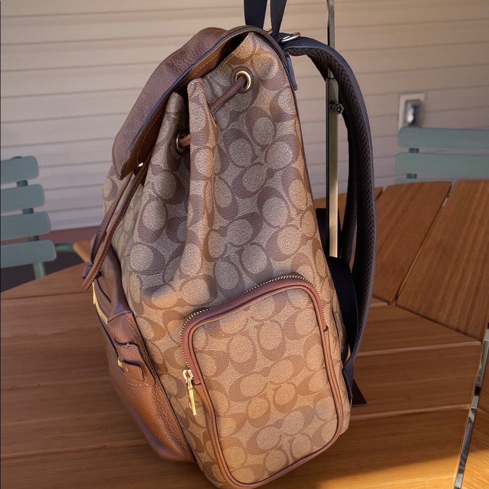 Coach Signature Tan and Brown Leather & Canvas & Leather Backpack - Picture 5 of 13